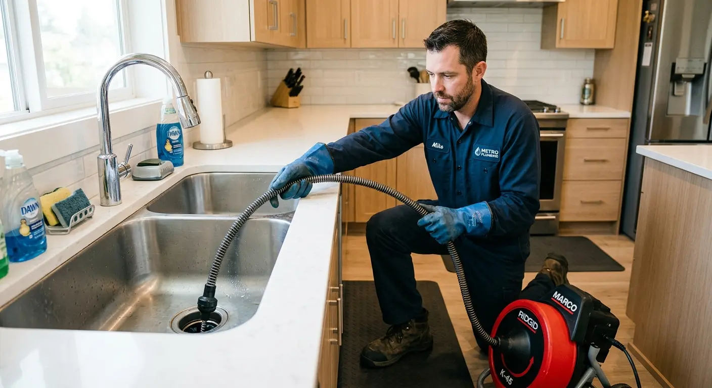 Drain cleaning technician using a motorized snake on a kitchen sink in White Rock