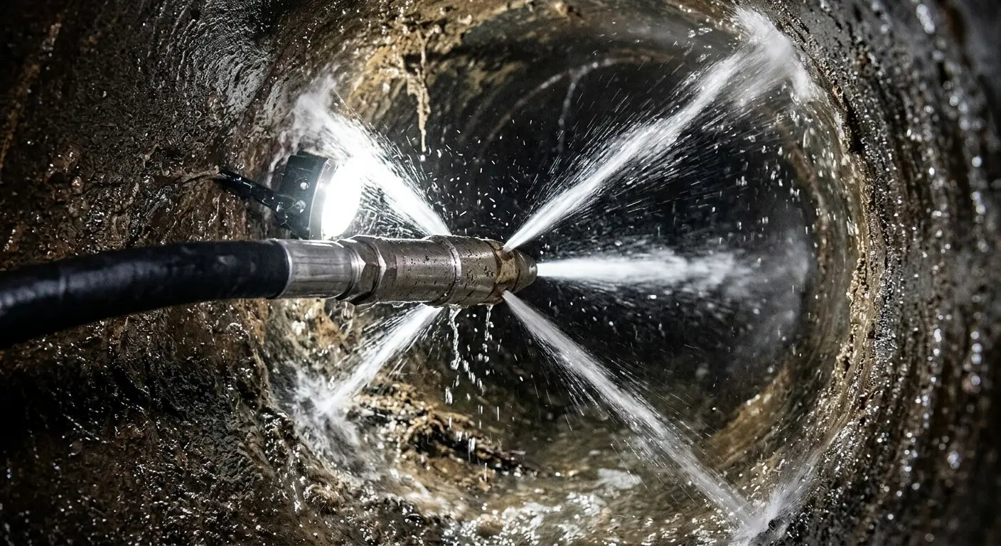 High-pressure hydro jetting nozzle cleaning sewer pipe for Storm Drain Cleaning in White Rock