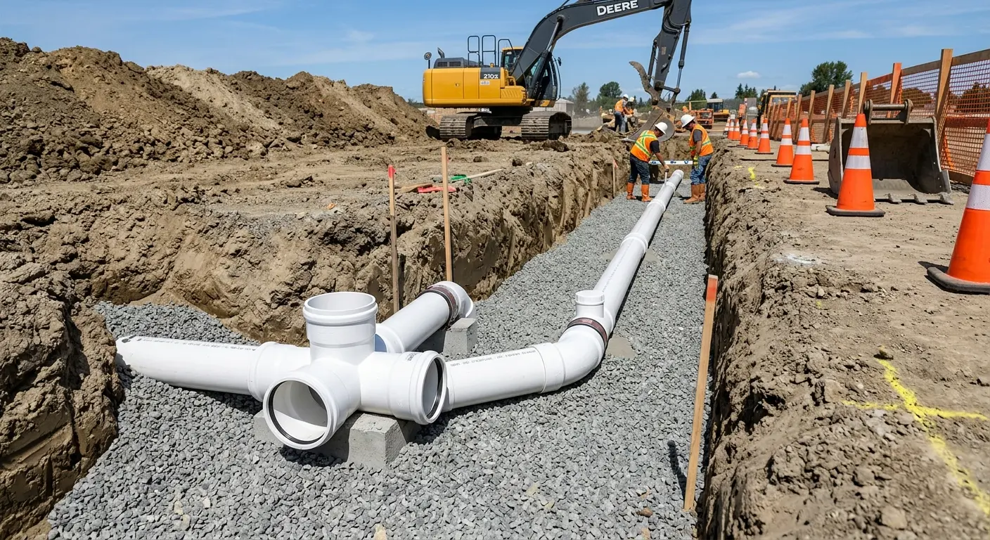 New PVC sewer pipe installation in open trench for Commercial Drain Cleaning in White Rock