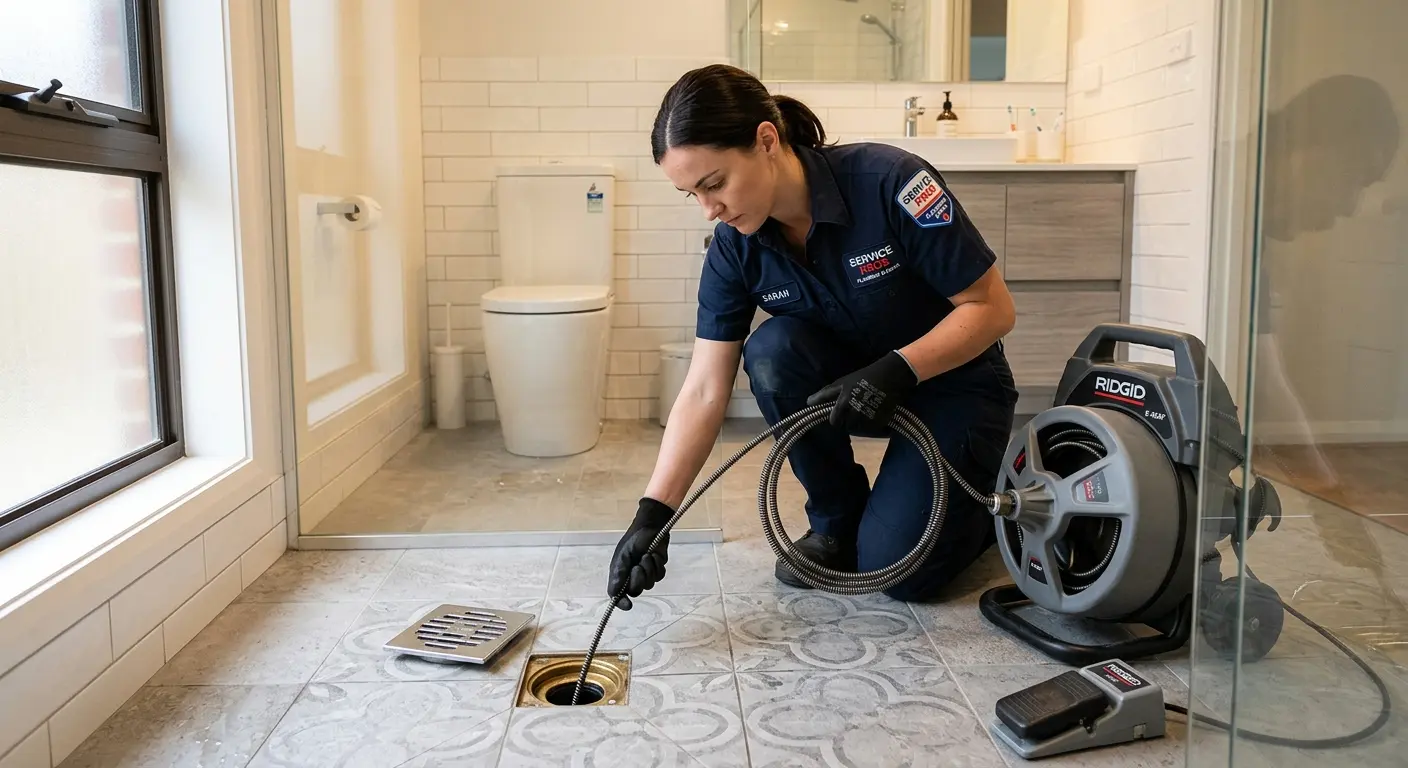 Technician clearing a bathroom floor drain for Sewer Line Replacement in White Rock